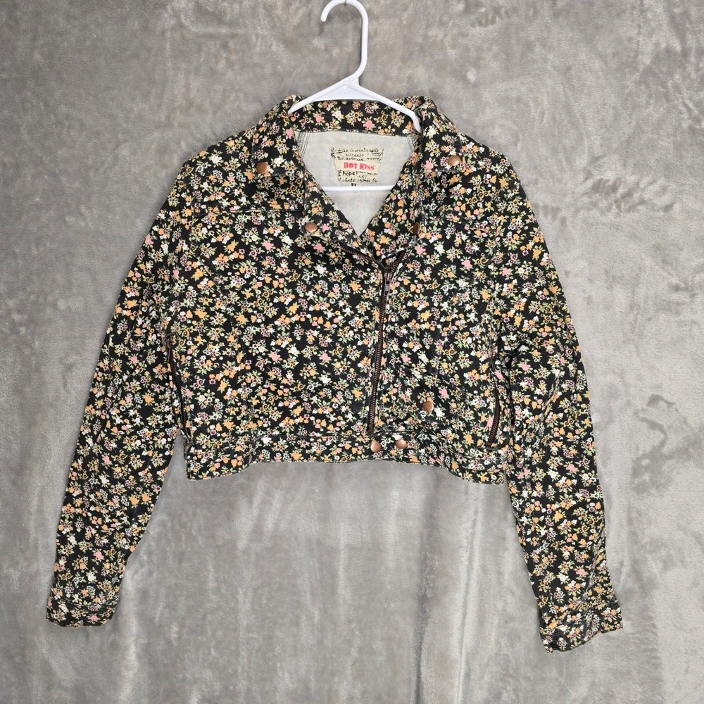 Hot Kiss Cropped‎ Floral Moto Jacket Womens XL Full Zip Denim Lightweight Cotton